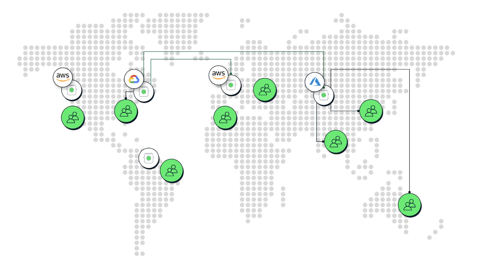 Diagram that is a map of the world with different data centers highlighted, showcasing the idea of multi-cloud replica sets.